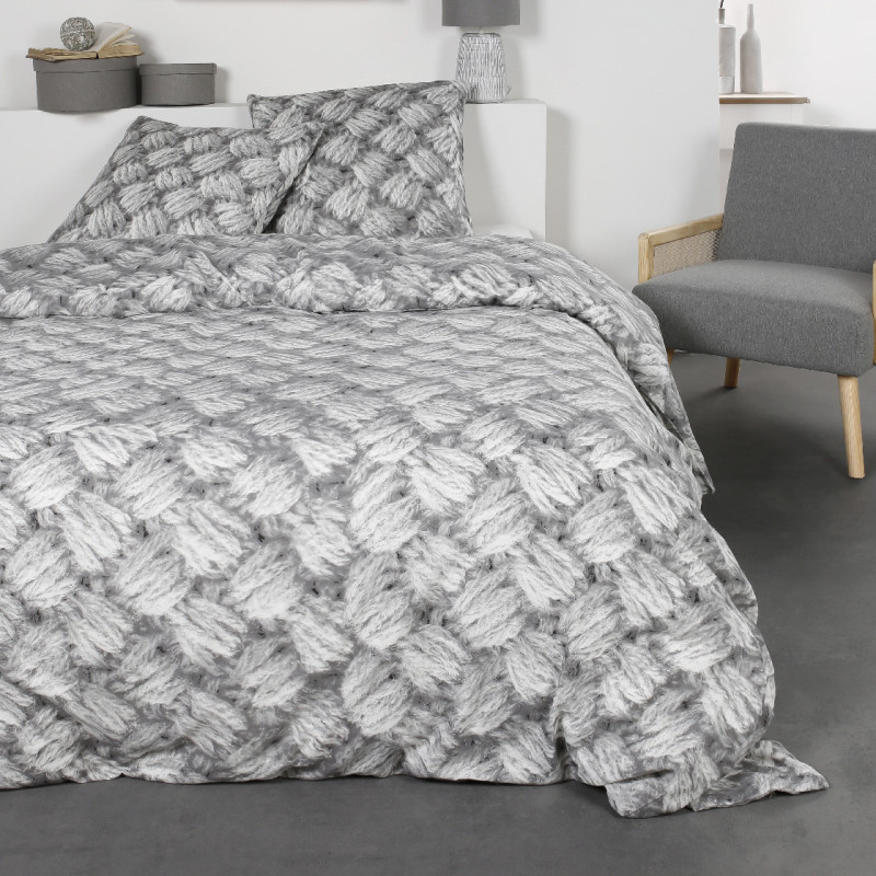 Parure de lit double en coton flanelle imprimé style tricot - Gris clair - 220 x 240 cm