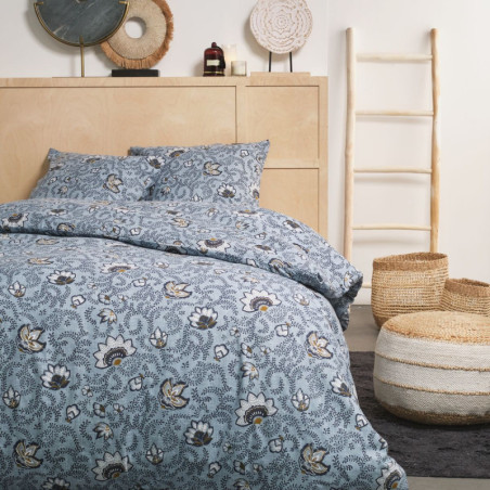 Parure de lit double en coton flanelle imprimé de fleurs - Bleu - 240 x 260 cm