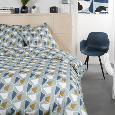Parure de lit double en coton "Mawira" à motifs héxagones - Vert céladon - 240 x 260 cm