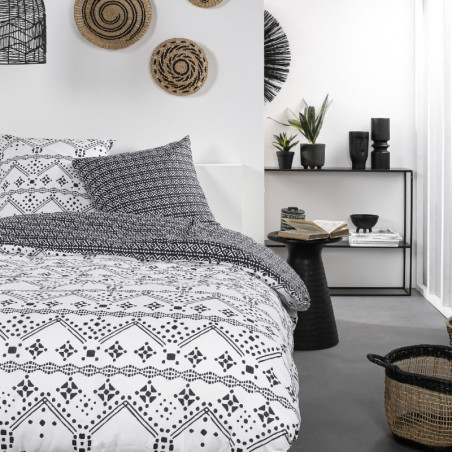 Parure de lit double en coton "Mawira" à motifs ethniques- Noir/Blanc - 240 x 260 cm