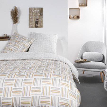 Parure de lit double en coton "Mawira" à motifs quadrillés divers - Blanc/Beige - 240 x 260 cm