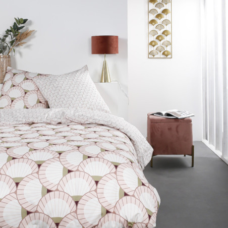 Parure de lit double en coton "Mawira" à motifs d'éventails - Blanc/Rose - 240 x 260 cm