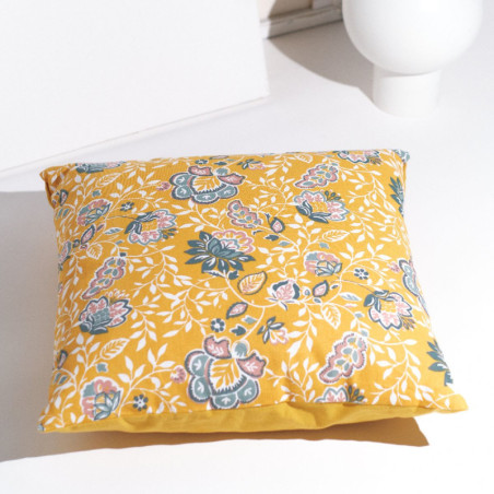 Coussin carré en coton imprimé de fleurs - Jaune - 50 x 50 cm