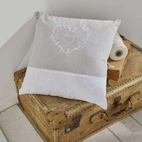 Coussin carré en coton bicolore "Constance" avec broderie - Blanc/Beige - 40 x 40 cm