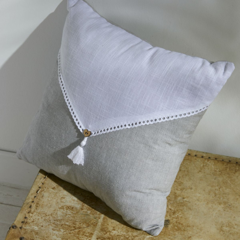 Coussin carré en coton bicolore Capucine avec pompon - Gris/Blanc - 40 x 40 cm