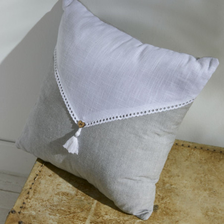 Coussin carré en coton bicolore "Capucine" avec pompon - Gris/Blanc - 40 x 40 cm