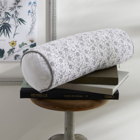 Polochon en coton "Capucine" à petites fleurs - Blanc/Gris - 45 x 15 cm