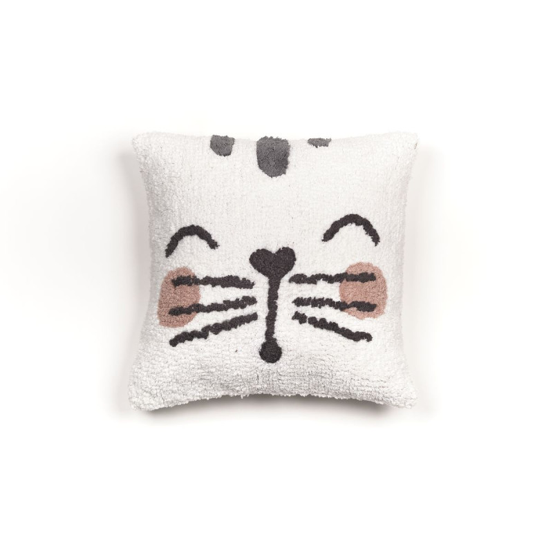 Coussin déhoussable carré en coton avec tête de chat 1 - Blanc/Marron - 40 x 40 cm