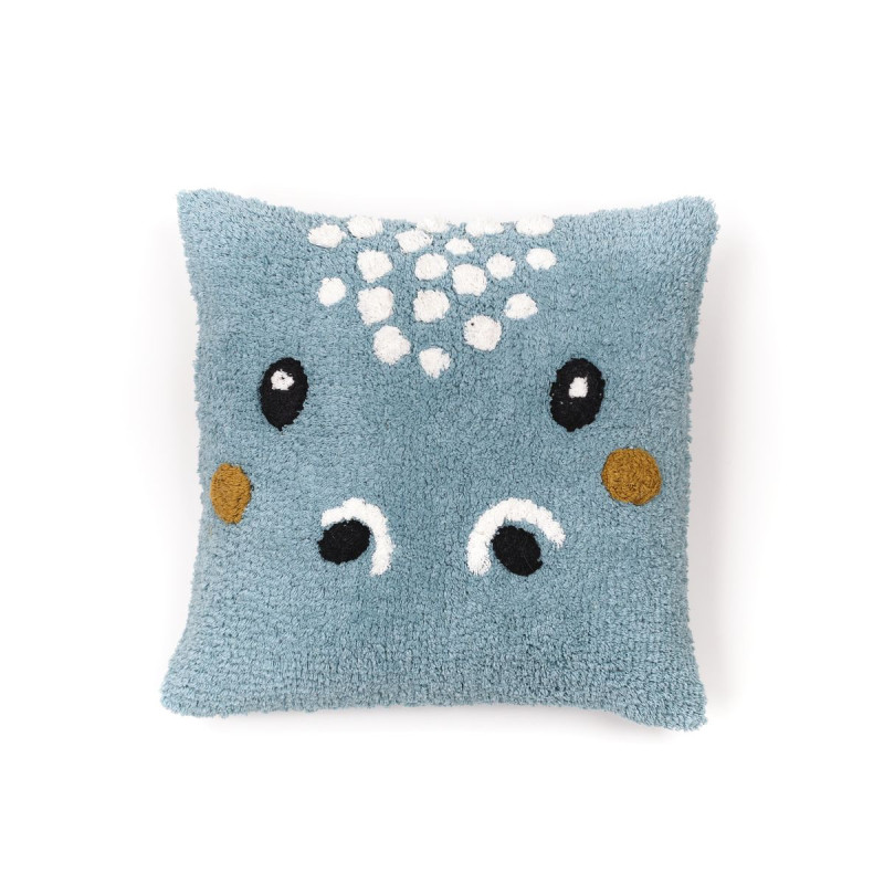 Coussin déhoussable carré en coton avec tête de dinosaure - Bleu - 40 x 40 cm