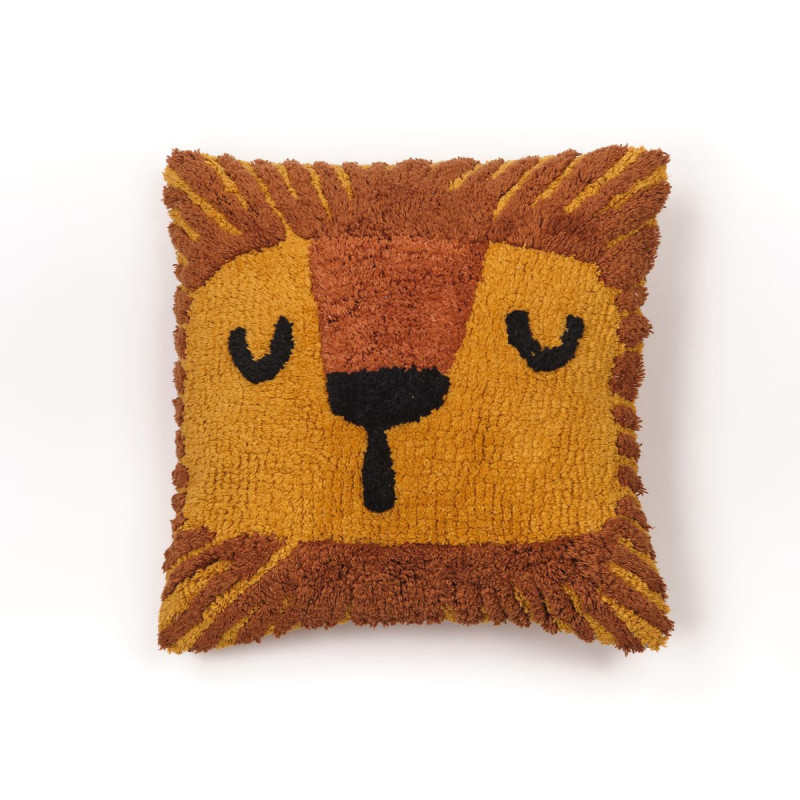 Coussin déhoussable carré en coton avec tête de lion - Orange - 40 x 40 cm