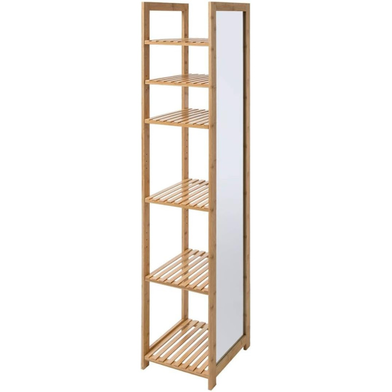 Colonne de salle de bain en bois à 6 étagères + miroir Mix'n Modul - Beige- H 168 x L 35 x P 35 cm