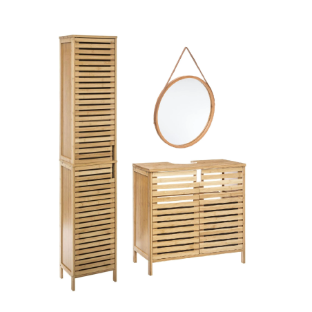 Ensemble de salle de bain avec meuble sous lavabo + colonne + miroir en bambou - Cirila