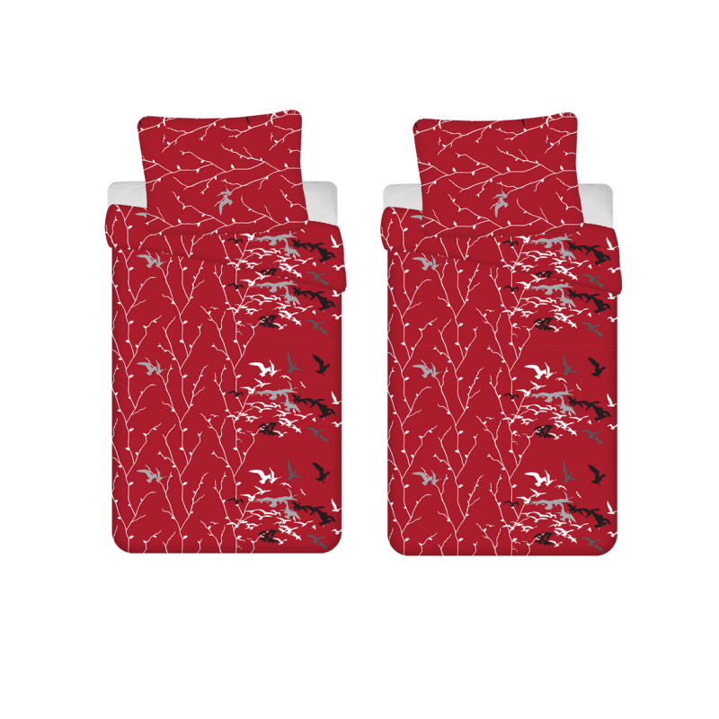 Set de 2 parures de lit 1 personne en coton imprimé d'oiseaux Pajera- Rouge - 2 x 140 x 200 cm