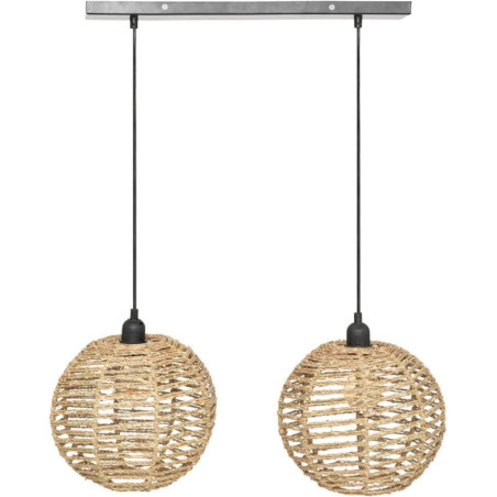 Suspension luminaire avec 2 boules en métal et jonc "Rana" - Beige - D 50 cm