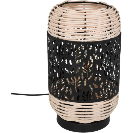 Lampe cylindre à poser en métale et rotin "Caly" - Noir et beige - H 30 x D 18 cm