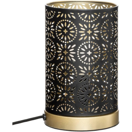 Lampe cylindrique à poser en métal ajouré "Gypsy" - Noir et doré - H 21,5 x D 13 cm