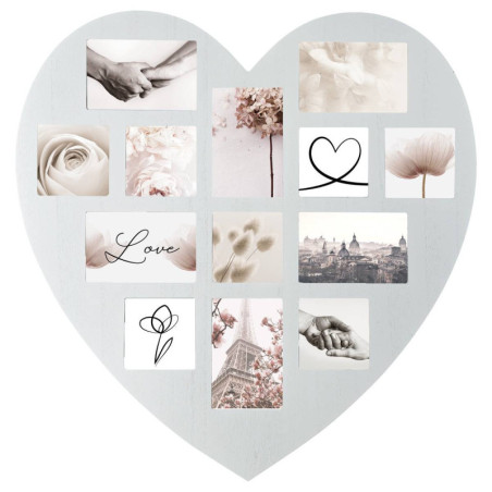 Cadre pêle-mêle en bois 13 photos en forme de coeur "Patin" - Blanc - L 59 x P 1,5 x H 59,5 cm