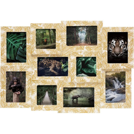 Pêle-mêle en bois avec motifs feuilles 10 photos "Théodor" - Blanc et Jaune - L 60 x H 42 cm