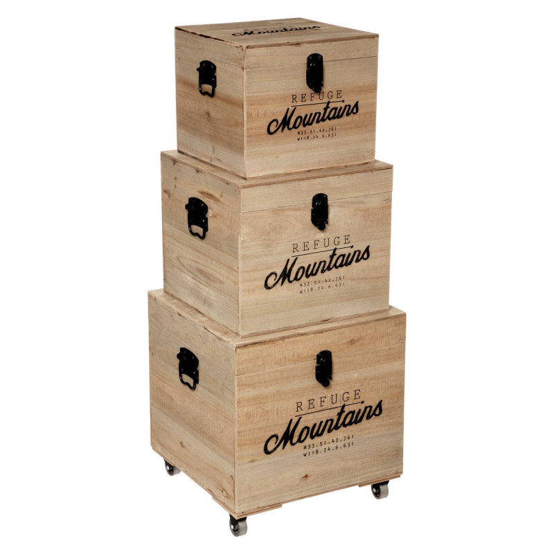 Set de 3 malles carrées avec roulettes en bois et métal Mountains - Beige et Noir - L 30/35/40 cm
