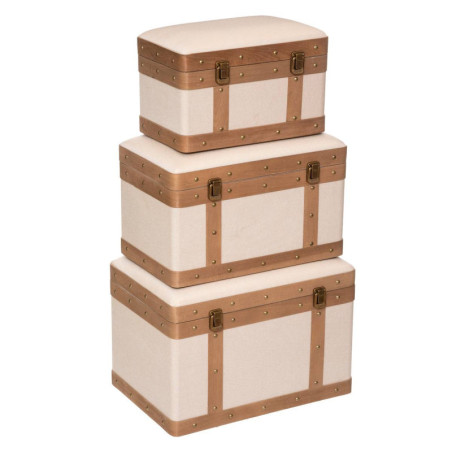 Set de 3 malles de rangement en lin et bois "Norah" - Beige et Marron - L39/44/51 cm