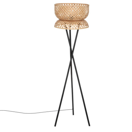 Lampadaire trépied en métal et abat-jour en bambou "Suny" - Noir et Beige - H 145 cm