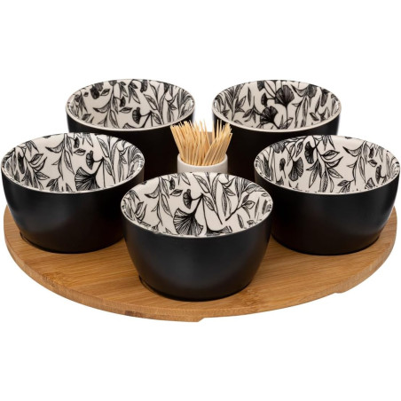 Set apéritif 7 pièces en bambou et céramique - Noir/Beige - D 28 cm