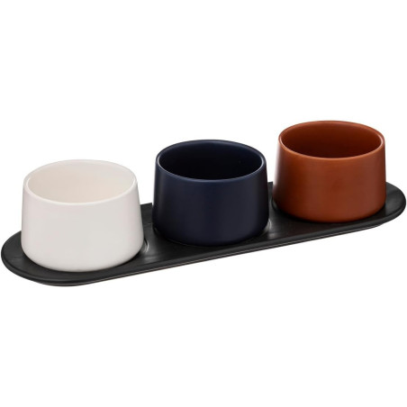 Set apéritif en céramique "Astra" avec plateau et 3 bols - Bleu/Blanc/Marron - L 31 x H 10,5 cm