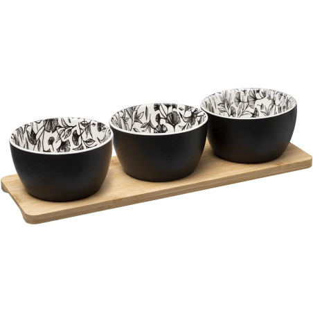 Set apéritif avec plateau et 3 bols en bambou et céramique - Noir/Beige - L 31 cm