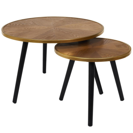 Set de 2 tables gigognes rondes en bois et métal - Marron/Noir - D 60/40 x H 40/33 cm