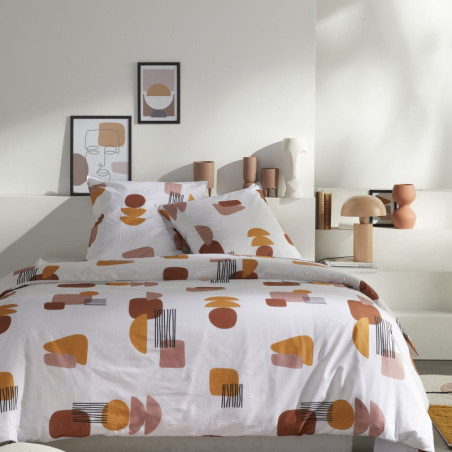 Parure de lit double "Retro Mood" en coton imprimé - Blanc/Terracotta - 220 x 240 cm
