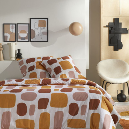 Parure de lit double "Retro Mood" en coton imprimé de formes - Blanc/Terracotta - 220 x 240 cm