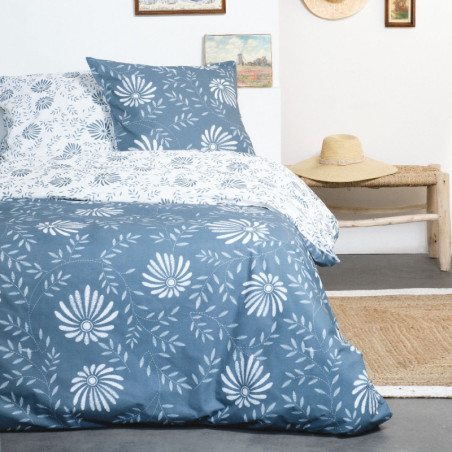 Parure de lit double réversible "Sunshine" en coton à imprimé floral - Bleu/Blanc - 240 x 260 cm
