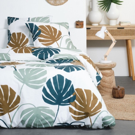 Parure de lit double réversible "Sunshine" en coton imprimé de grandes feuilles - Blanc/Bleu - 240 x 220 cm