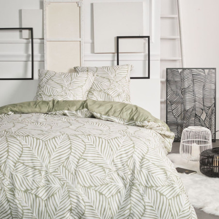 Parure de lit double en coton flanelle imprimé de grandes feuilles - Vert kaki - 220 x 240 cm
