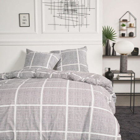 Parure de lit double en coton flanette à imprimés carreaux - Gris - 220 x 240 cm