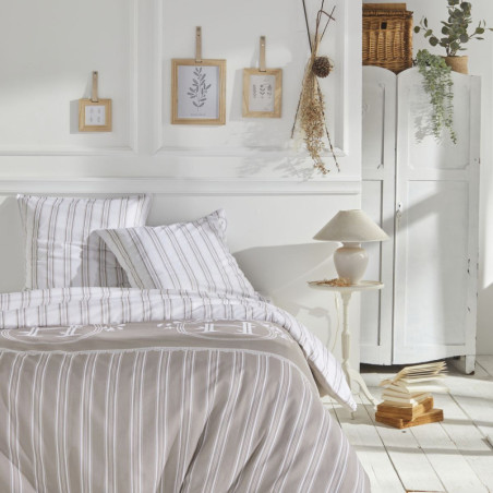 Parure de lit double en coton "Berenice" à rayures  - Beige/Blanc - 220 x 240 cm