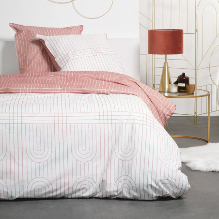 Parure de lit double réversible "Sunshine" en coton imprimé de rayures diverses - Blanc/Rose - 240 x 260 cm
