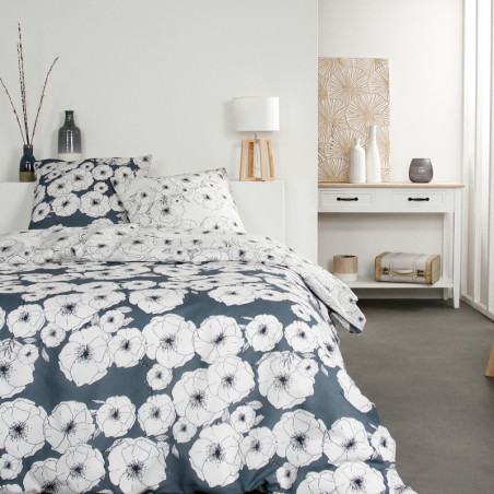 Parure de lit double réversible "Sunshine" en coton imprimé de coquelicots - Blanc/Bleu - 240 x 220 cm