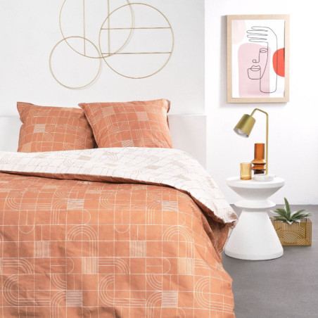 Parure de lit double réversible "Sunshine" en coton imprimé de carreaux - Orange/Blanc - 240 x 260 cm
