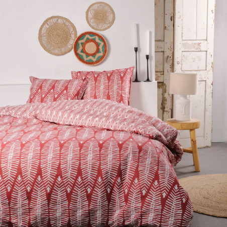 Parure de lit double réversible "Sunshine" en coton imprimé de longues feuilles - Rouge - 240 x 260 cm