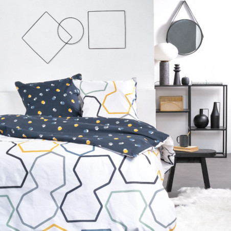 Parure de lit double réversible "Sunshine" en coton à imprimé géométrique - Bleu/Blanc - 240 x 260 cm