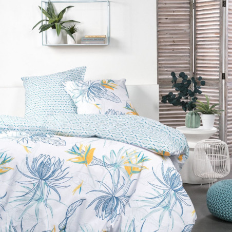 Parure de lit double réversible "Sunshine" en coton imprimé de fleurs - Blanc/Bleu - 240 x 260 cm