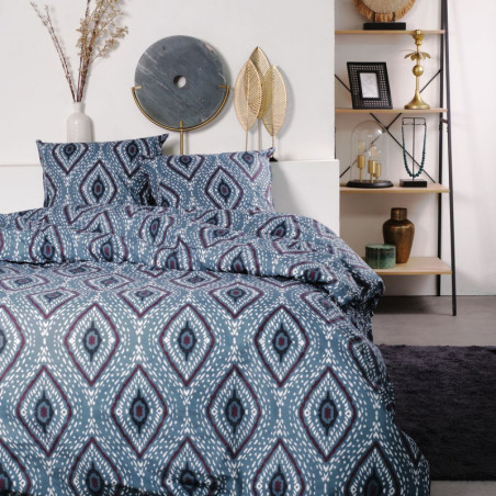 Parure de lit double réversible "Sunshine" en coton imprimé - Bleu - 240 x 260 cm
