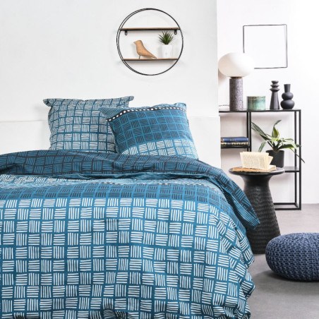 Parure de lit double réversible "Sunshine" en coton imprimé de carreaux - Bleu - 240 x 260 cm