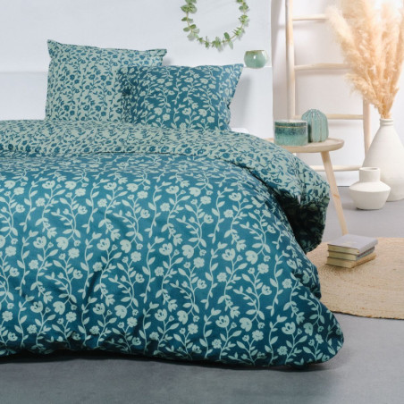 Parure de lit double réversible "Sunshine" en coton imprimé de tiges de fleurs - Bleu - 240 x 260 cm