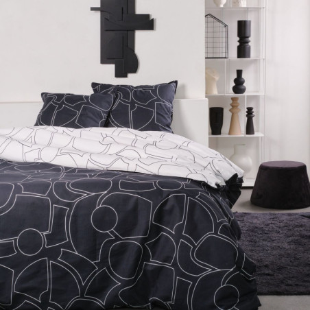 Parure de lit double réversible "Sunshine" en coton imprimé de formes diverses - Noir/Blanc- 240 x 260 cm