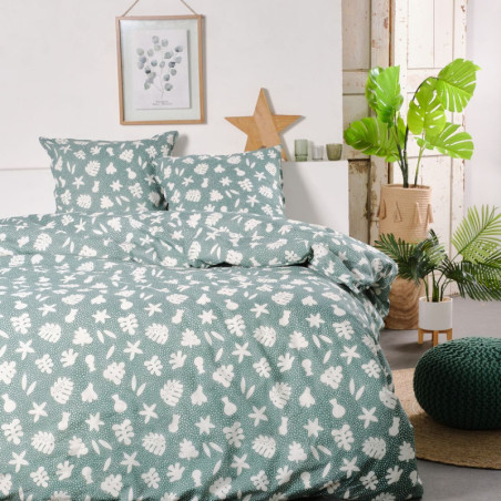 Parure de lit double réversible "Sunshine" en coton à imprimé végétal - Vert céladon - 240 x 260 cm
