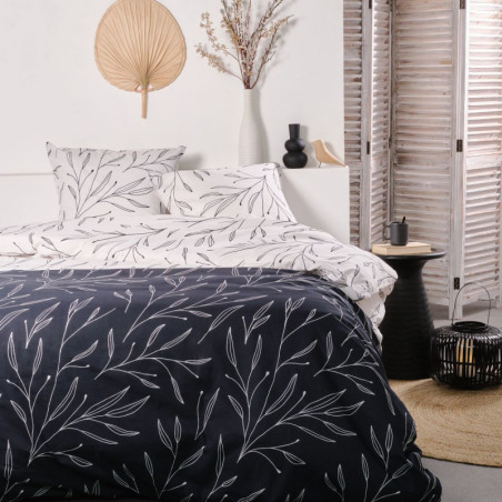 Parure de lit double réversible "Sunshine" en coton imprimé de branchages - Bleu/Blanc - 240 x 260 cm