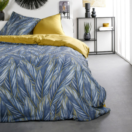 Parure de lit double réversible "Sunshine" en coton imprimé de grandes feuilles - Bleu/Jaune - 240 x 260 cm