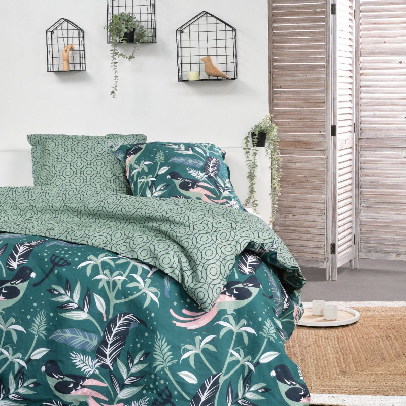 Parure de lit double réversible Sunshine en coton imprimé d'oiseaux et végétaux - Vert - 240 x 260 cm